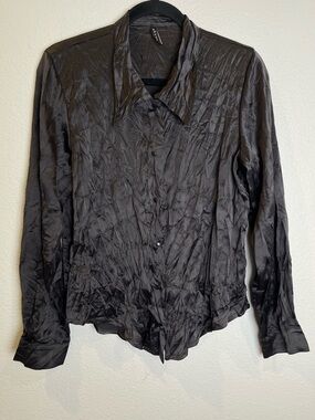 Babette‎ Black Crinkle Long Sleeve Snap Button Front Shirt Size Small Whimsigoth